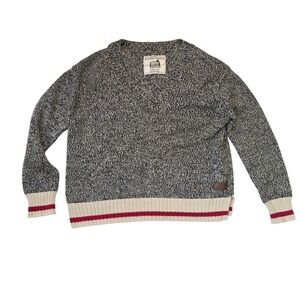 Roots Cabin Canada Knit‎ V Neck Sweater Charcoal Cream Red Stripe